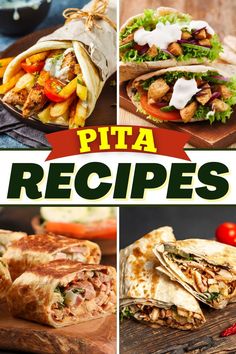 several different pictures of pita sandwiches with the words pita recipes written below them