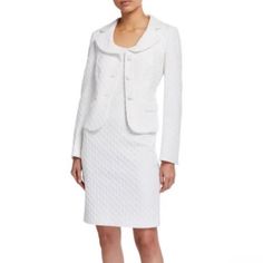 This Is A Beautiful Two Piece Set From Albert Nipon. It Is A Textured Diamond Material. The Jacket Has A Foldover Collar And Three Button Closure. The Dress Has A Zipper Closure. It Is Sleeveless With The Same Diamond Pattern. Cotton, Polyester, Spandex Material Makeup. The Lining Is 100% Polyester. It Is A Size 8 And Brand New With Tags. It Measures 39” Hem To Shoulder Hips 18” (Lying Flat) 17” Armpit To Armpit White Dress Suit, White Dress Suits, White Tube Dress, 80’s Dresses, Below The Knee Dresses, Preppy Women, Jcpenney Dresses, Long Sleeve Sequin Dress, Velvet Cocktail Dress