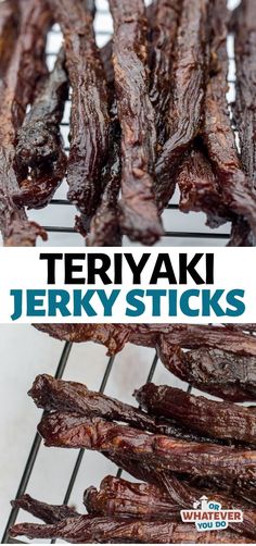 there are several different types of steaks on the grill with text overlay that reads teriyaki jerry sticks