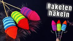 crocheted colorful candy lollipops on sticks with text that reads raketen hakelin