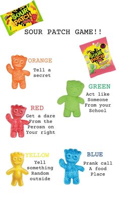 some gummy bears are in different colors and sizes with the words sour patch game on them