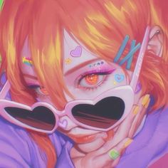 a painting of a girl with heart shaped sunglasses on her face and eyeliners