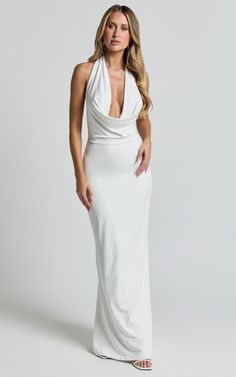 Sylvana Maxi Dress - Cowl Halter Neck Bodycon Dress in White Luxury White Halter Neck Maxi Dress, Luxury White Maxi Dress With Sweetheart Neckline, Affordable White Sleeveless Elegant Dress, Luxury White Maxi Dress For Night Out, Luxury White Halter Maxi Dress, Luxury White Halter Neck Dress, Luxury Fitted White Maxi Dress, Luxury White Satin Maxi Dress, Luxury White Fitted Maxi Dress