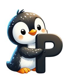 a penguin holding the letter p in its paws