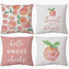 three pillows with peaches and words on them