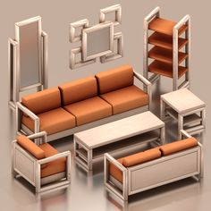 a set of furniture consisting of couches, tables and mirrors