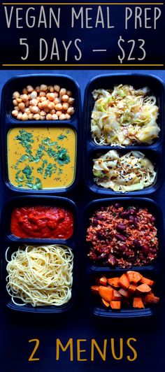 the meal prep tray is full of vegetables and pasta