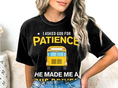 🚌 Make a statement with this humorous and eye-catching T-Shirt featuring a bold yellow school bus design! Perfect for those with a great sense of humor who appreciate the challenges of being a bus driver or just love unique graphic tees. Made from soft, high-quality cotton, this shirt is as comfortable as it is funny - ideal for everyday wear. 🌟 Highlights: - Comfortable fit for all-day wear - Soft, breathable cotton material - Durable print that lasts wash after wash - Unisex design - great for both men and women - Perfect gift for bus drivers, teachers, or anyone with a witty sense of humor Make every day a little brighter and a lot more fun with this unique tee! Product Features: Fabrication: Medium fabric (6.1 oz/yd² (206.8 g/m. Garment-dyed fabric. 100% ring-spun cotton Fit: Relaxed Yellow Letter Print Top For School, Yellow Letter Print T-shirt For School, Patience Humor, Bus Driver Humor, School Bus Driver Shirts, Bus Driver Shirts, Cute Vinyl School Bus Shirts, Bus Driver T Shirts, Bus Driver Gifts