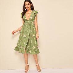 Material: Polyester Waistline: empire Silhouette: A-Line Sleeve Length(cm): Half Pattern Type: Floral Sleeve Style: Butterfly Sleeve Neckline: V-Neck Dresses Length: Ankle-Length Silhouette: Fit and Flare Sleeve Length: Cap Sleeve Hem Shaped: Wrap, Flounce Spring Sleeveless V-neck Dress With Ruffles, Green V-neck Sundress For Brunch, Green Midi V-neck Dress For Summer, Green V-neck Knee-length Dress For Spring, Green Midi-length V-neck Summer Dress, Casual V-neck Sleeveless Dress For Garden Party, Summer Sleeveless V-neck Dress With Ruffles, Sleeveless V-neck Floral Dress For Day Out, Green V-neck Dress For Spring Brunch