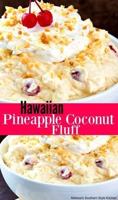 two bowls filled with pineapple coconut fluff and topped with cherries on top