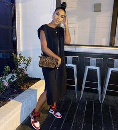 How To Style Jordans Women Summer, Overall Shorts Outfit Black Women, Black Dress With Sneakers Outfits, All Black Outfit With Sneakers, Dress And Sneakers Outfit Black Women, Black Dress With Sneakers, Sneakers And Dress Outfit, Lookbook Outfits Summer, Dress And Sneakers Outfit