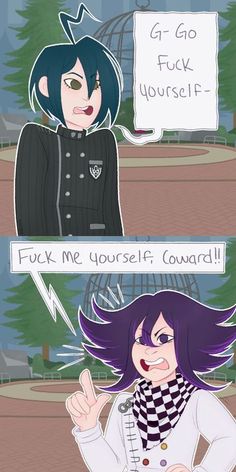 two cartoon characters, one with purple hair and the other with black hair talking to each other