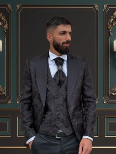 4 Piece Mens Slim Fit Black Floral Tuxedo Peak Lapel | Weddings and special Occasions Tuxedo Superior Quality Package includes  Jacket, Vest, Pants, Tuxedo Tie, Tuxedo Shirt, brooch flower.  Shipped in large box to preserve the shape  Top quality guaranteed Tuxedo Peak Lapel, Floral Tuxedo, Tuxedo Tie, Wedding Blazer, Mens Wedding Suits, Wedding Blazers, Brooch Flower, Tuxedo Shirt, Tuxedo Shirts