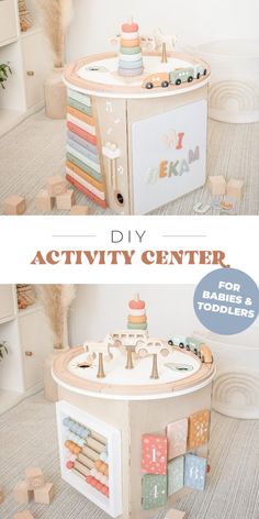 the diy activity center for babies and toddlers is made out of wood blocks