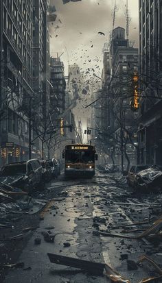 a bus driving down a city street next to tall buildings with debris on the ground