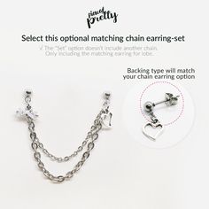 "Set Options √ Choose option \"Chain earring -Set\" to receive the whole matching set for both ears. (see photos) √ The \"Set\" option doesn't include another chain.Only including the matching earring for lobe. Backing style Options 1. Push back 2. Push back + 16g barbell* 3. 16g barbell* 4. 16g CZ barbell* (* available bar lengths: 1/4″ (6 mm), 5/16″ (8 mm), 3/8″ (10 mm) sizes ) Style 1. push back styles : simple to wear and remove, great for people with 20g regular piercings Style 2. push back Helix Chain Earrings Black, Helix To Lobe Earrings, 2 Lobe Piercing Earing Chain, Cheap Adjustable Chain Cartilage Earrings As Gift, Kawaii Helix Earrings, Lobe Chain Earring, Ear Cartilage Piercing, Conch Hoop, Tragus Conch