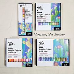 four assorted acrylic paint sets in boxes on a white background with text above them