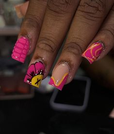 Pink Nails With Designs, Acrylic Toe Nails, Hard Nails, Colored Acrylic Nails, Work Nails, Short Square Acrylic Nails, Acrylic Nails Coffin Pink, Unique Acrylic Nails, Bling Acrylic Nails