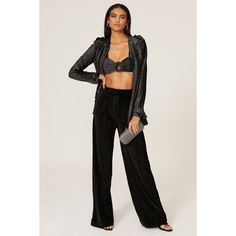 Black velvet (90% Polyester, 10% Elastane). Trouser. Front zipper closure. 40" from waist to hemline. Imported. Bustier Outfit, Velvet Wide Leg Pants, Wide Leg Pants Black, Ladies Tops, Rent The Runway, Velvet Jacket, Tops Online, Online Tops, Tops For Women