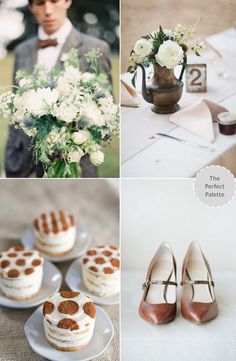 a collage of photos with white flowers and desserts