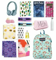 the contents of a back to school bag are arranged on a white background, including notebooks, pens and headphones