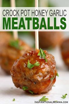 some meatballs with toothpicks in them on a white surface and text overlay that reads crock pot honey garlic meatballs