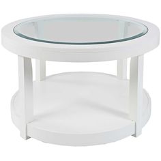 a white coffee table with a glass top and shelf on the bottom, against a white background