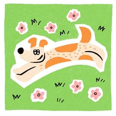 a drawing of a dog laying on its back in the grass with flowers around it