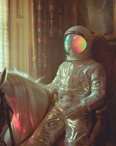 an astronaut sitting on top of a white horse