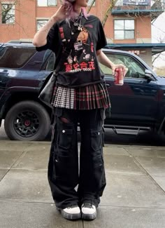 Alternative Street Fashion, Plaid Punk Outfit, Skirt And Pants Combo Y2k, Outfits With Lace Under Shirt, Maximalist Grunge Outfits, Mini Skirt Over Pants, Masculine Skirt Outfit, Band Tee Outfits Grunge, Junkies Style