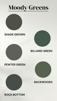 an image of different shades of green in the same color scheme, with text that reads mood greens shade grown billard green rock bottom