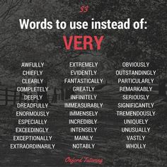 the words to use instead of very are written in red and black on a dark background