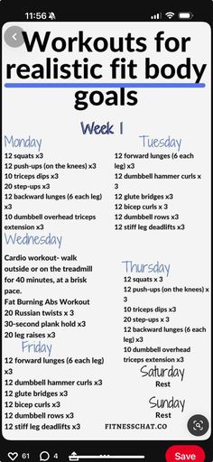 a workout schedule with the words, workouts for realistic fit body goals