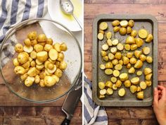 two pictures side by side one shows potatoes and the other shows cooked potatoes