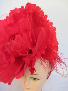 "* This 14\" diameter vibrant red open flower with red netting is spectacular and eye catching. * In between many of the individually wired petals are bunches of soft red tulle netting which gives a sophisticated edge. * From all sides this is a well designed and from the sides and back you can see the red Ostrich feathering. * Upon ordering you will receive this exact fascinator. * Designed on a satin covered acrylic headband it is well balanced, comfortable to wear and will fit just about any Red Handmade Flowers Fascinator For Summer, Red Summer Fascinator With Handmade Flowers, Red Handmade Flowers Fascinator For Wedding, Summer Red Fascinator With Handmade Flowers, Red Wedding Fascinator With Handmade Flowers, Red Spring Wedding Fascinator, Red Handmade Flowers Fascinator For Spring, Red Flower Fascinator For Party, Acrylic Headband