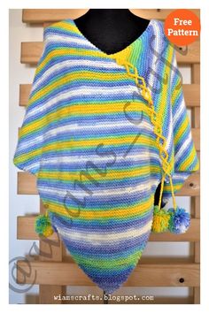 a woman's ponchy is knitted in blue, yellow and white stripes