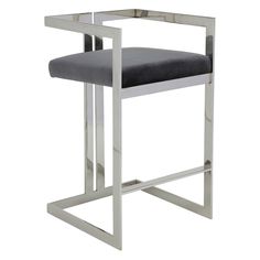 an image of a modern bar stool with grey upholstered seat and chrome frame