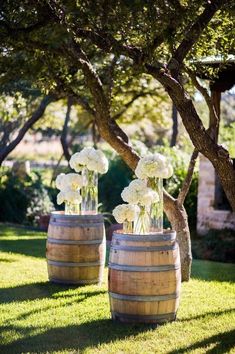 two wooden barrels with vases filled with white flowers on the grass near some trees