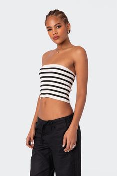 PRODUCT INFO Tube top Striped Ribbed Fabric Polyester, Rayon, Spandex Model wears size S Model height is 5'11 Item care: Wash with similar color Ribbed Tube Top, Visionary Fashion, Striped Tube Top, Strapless Tops, Ribbed Top, Ribbed Fabric, S Models, Tube Top, White Black