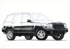 a black and white drawing of a jeep