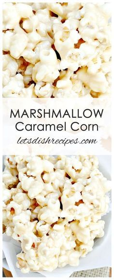 marshmallow caramel corn on a white plate with the title text above it