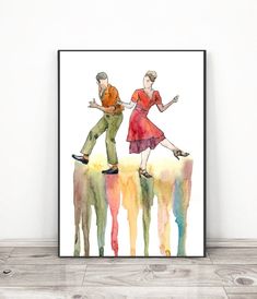 a watercolor painting of two people standing on top of each other in front of a white wall