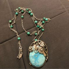 I Put These 2 Together. Wear Them That Way Or Separately! The Vintage Chain Is 36” Long With Turquoise Colored Balls In Slightly Varied Colors. Stamped 925. Charm Is Also A Pin. It’s Approx. 1.85” Wide X 1.85” Long. I Don’t See A 925 Stamp On The Pin, But This Vintage Piece Tests Positive For Silver. No Flaws. Some Tarnish, Which I Love! A Great Layering Piece! Artisan Turquoise Beaded Chain Necklace, Vintage Turquoise Lariat Necklace, Handmade Turquoise Lariat Jewelry, Vintage Silver Turquoise Necklace With Natural Stones, Artisan Turquoise Wire Wrapped Necklaces, Silver Southwestern Long Necklace, Artisan Silver Turquoise Wire Wrapped Necklace, Bohemian Silver Lariat Turquoise Necklace, Handmade Southwestern Long Necklace