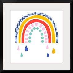 a rainbow with raindrops on it in a black framed wall hanging above a white background