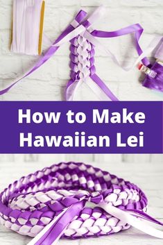 how to make a double braided hawaiian lei with purple and white ribbon on it