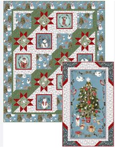 two quilts with christmas tree and snowmen on them, one is green and the other is red