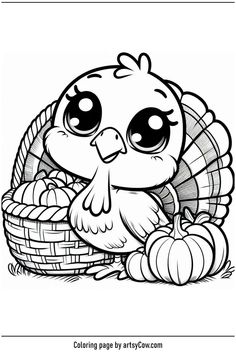 a cartoon turkey sitting in a basket with pumpkins