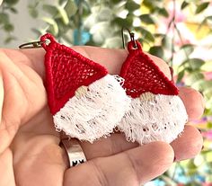 This design is a Freestanding Lace (FSL) Design for earrings for a sweet little Santa Gnome with a FRINGED BEARD set of earrings. There is a little loop so you can use any sort of hardware that you like with them. A step by step tutorial is enclosed to give you all the tips and tricks you need to stitch these earrings out successfully! Design makes both earrings in a single hooping. Complete Materials List enclosed in the tutorial. Add your own earwires or earring hardware to the finished lace p Crocheted Gnome Earrings, Free Standing Lace Machine Embroidery, Embroidery Earrings, Santa Gnome, Free Standing Lace, Lace Earrings, Color Sorting, Babymoon, Fringe Earrings