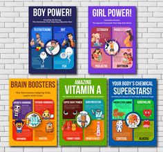 three posters on a brick wall with the words, body power and brain boosters