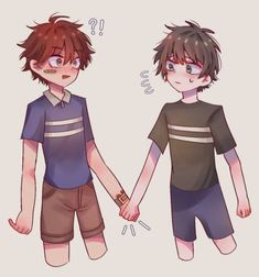 two young boys holding hands with question marks on their shirts and shorts, one boy has his hand in the other's pocket